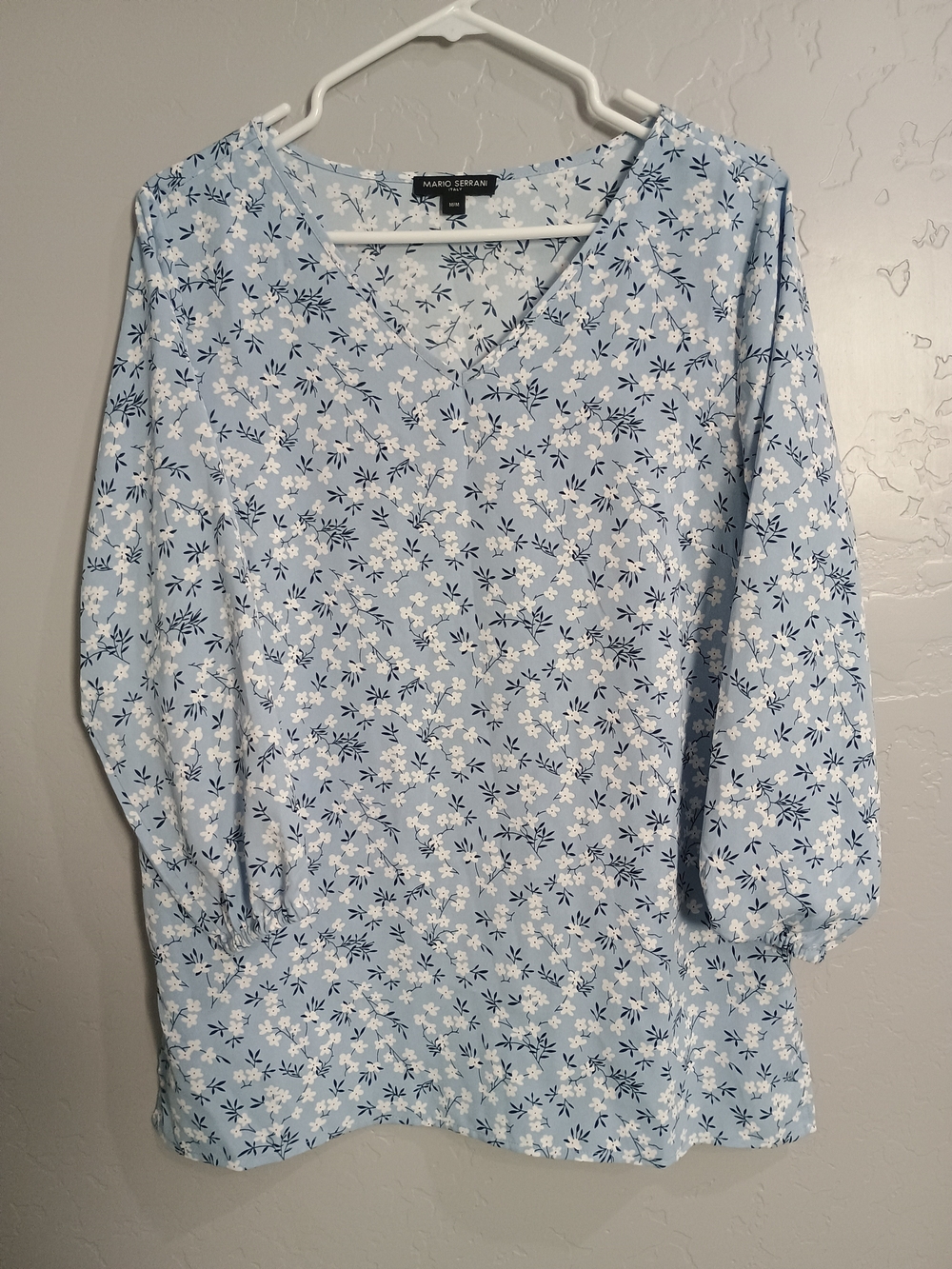 Mario Serrani Light Blue and White Floral V-Neck Blouse